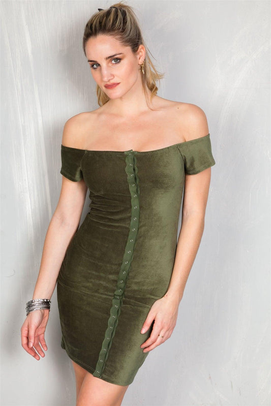 Olive Sexy Rib Knit Off The Shoulder Button Down Mini Velvet Dress /2-2-2