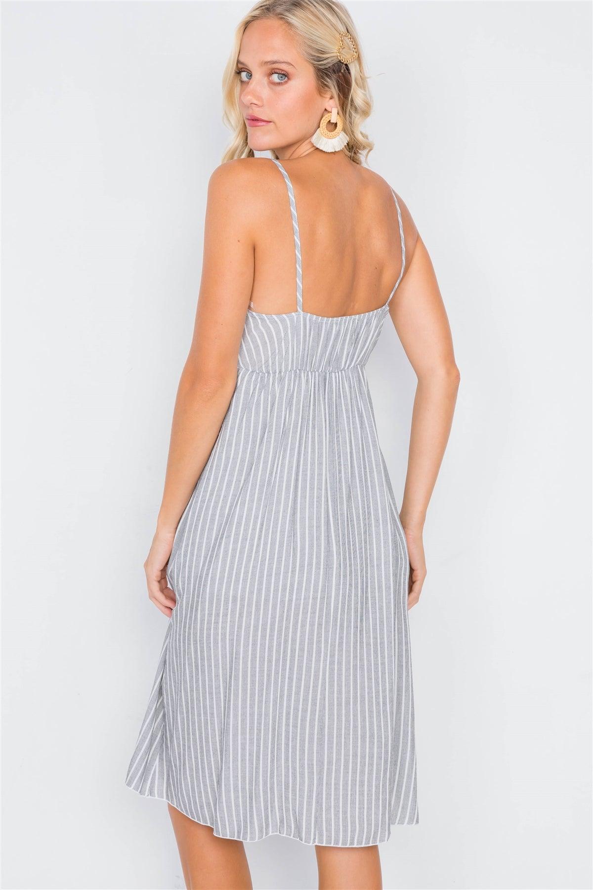 Grey & White Stripe Flounce Waist Trim V-Neck Mini Dress /1-2-2-1