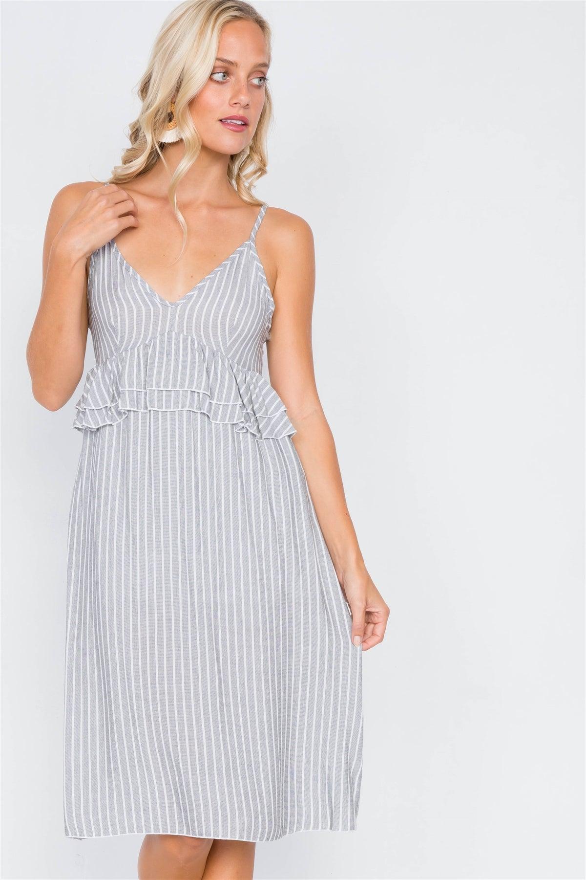 Grey & White Stripe Flounce Waist Trim V-Neck Mini Dress /1-2-2-1