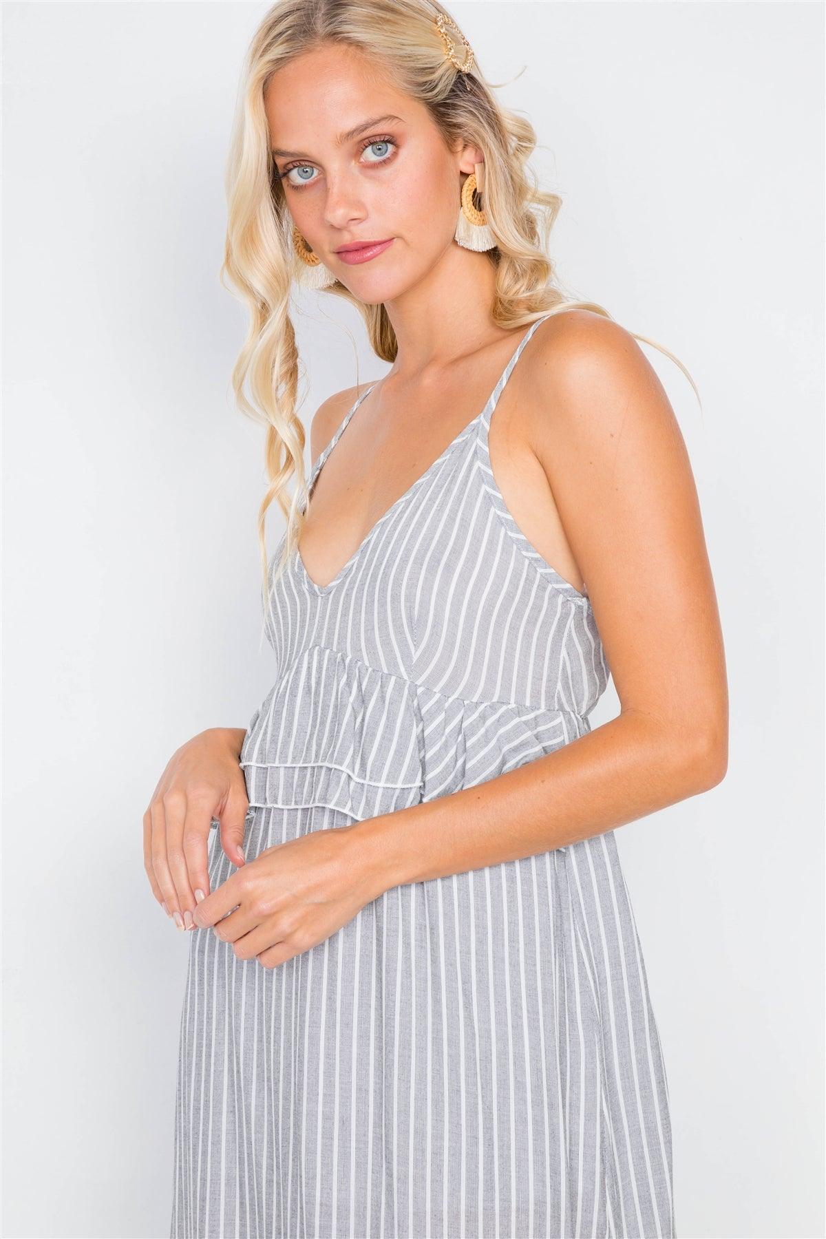 Grey & White Stripe Flounce Waist Trim V-Neck Mini Dress /1-2-2-1