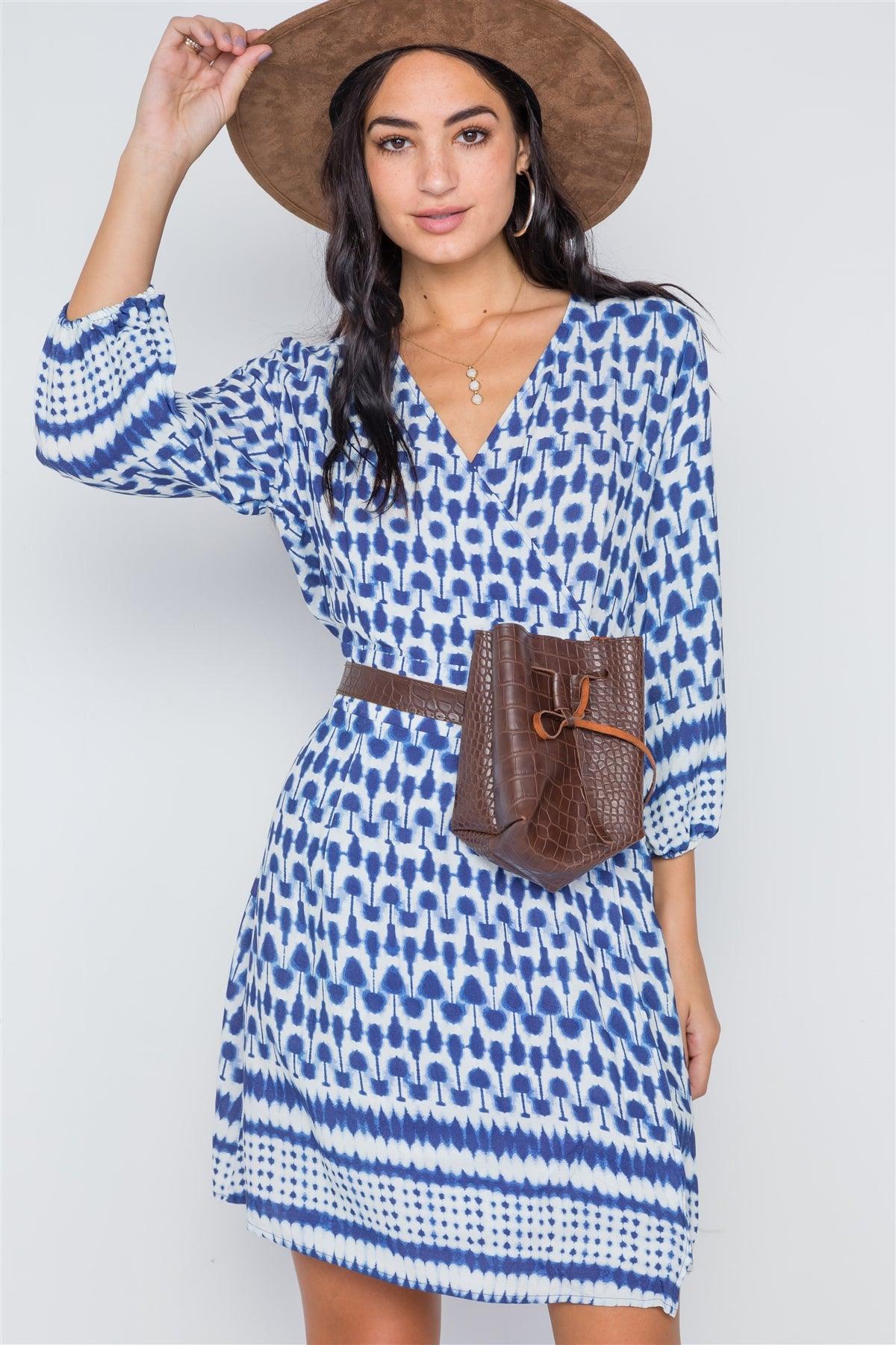 Navy Multi Print Surplice Neck 3/4 Sleeve Dress /2-2-2