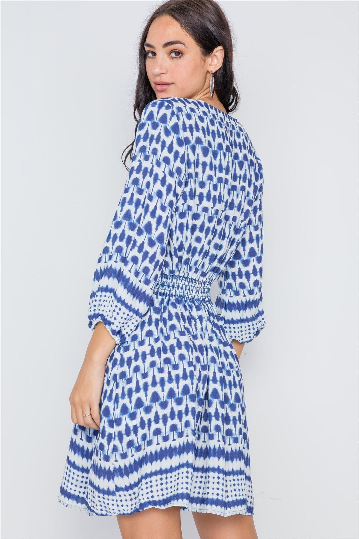 Navy Multi Print Surplice Neck 3/4 Sleeve Dress /2-2-2