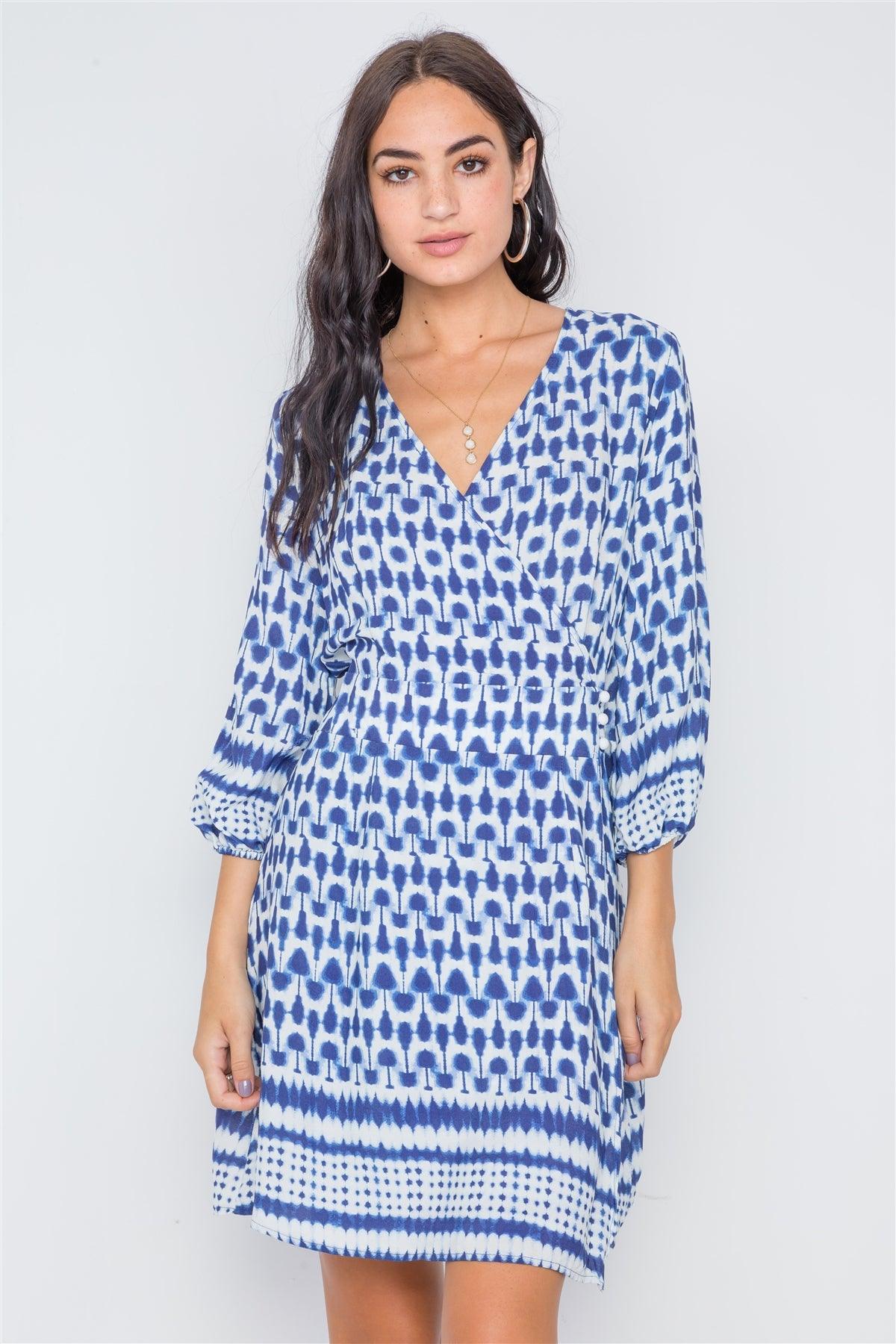 Navy Multi Print Surplice Neck 3/4 Sleeve Dress /2-2-2