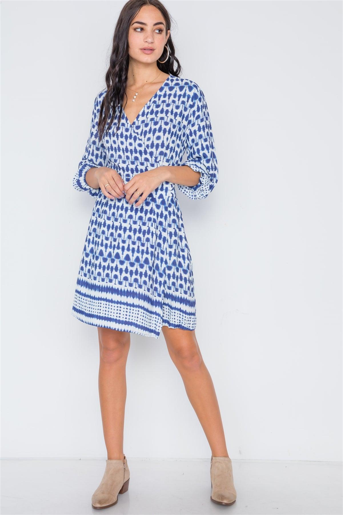 Navy Multi Print Surplice Neck 3/4 Sleeve Dress /2-2-2