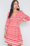 Red Multi Print Surplice Neck 3/4 Sleeve Dress /2-2-2