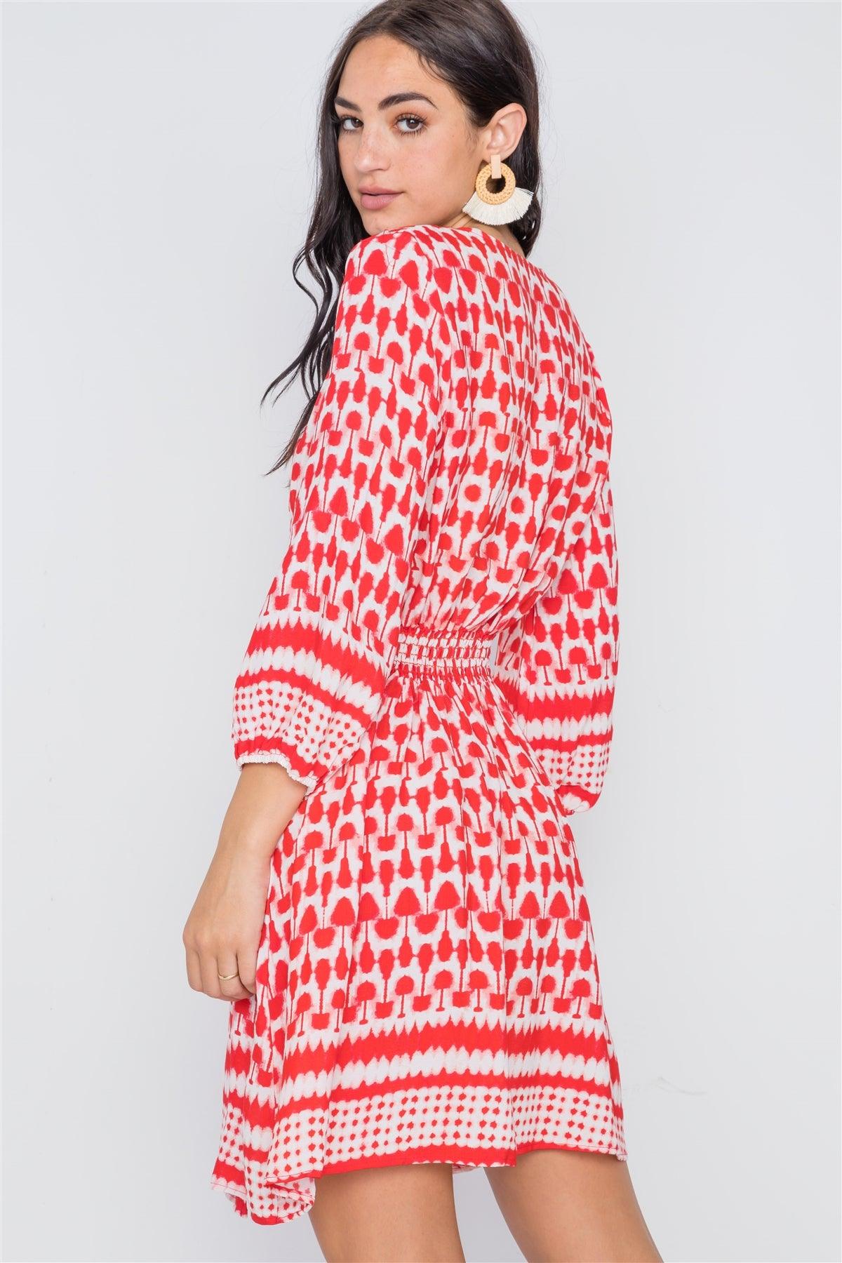 Red Multi Print Surplice Neck 3/4 Sleeve Dress /2-2-2