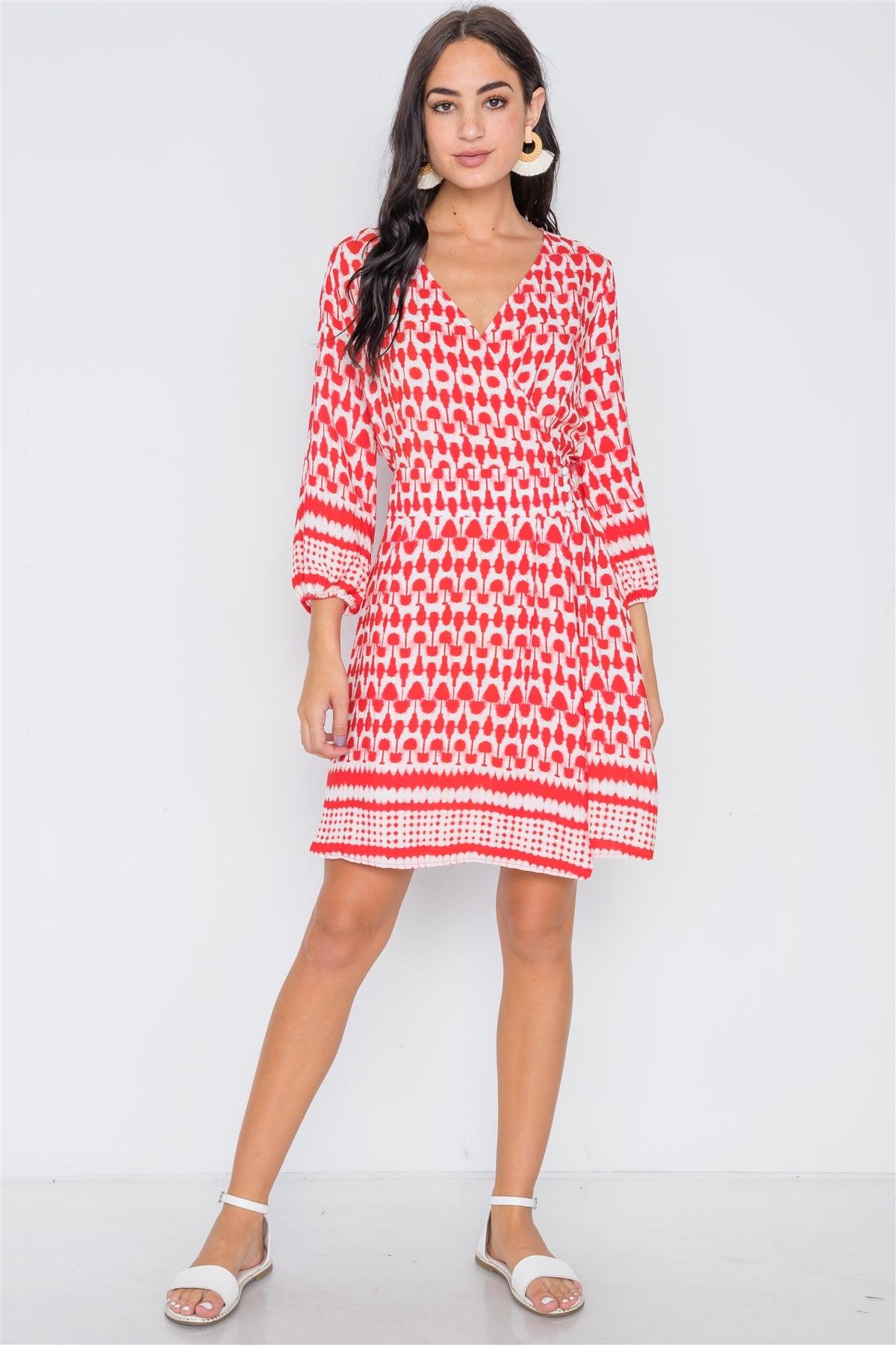 Red Multi Print Surplice Neck 3/4 Sleeve Dress /2-2-2