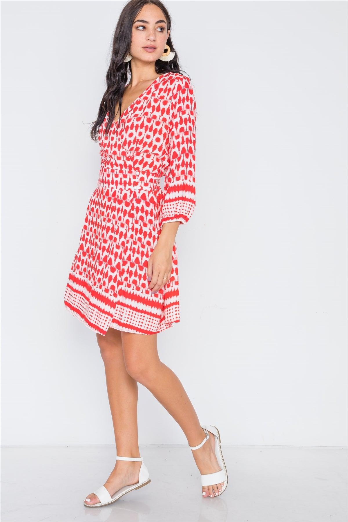 Red Multi Print Surplice Neck 3/4 Sleeve Dress /2-2-2