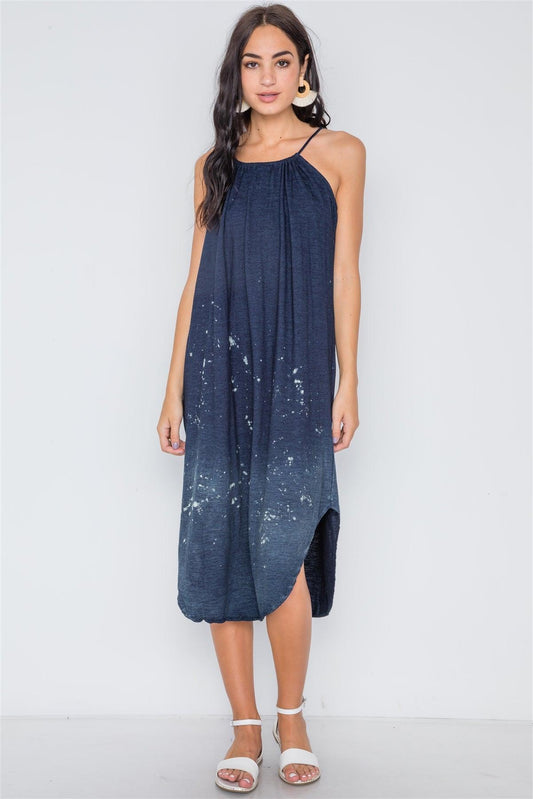 Navy Bleach Dye Loose Fit Cani Midi Dress /1-2-2