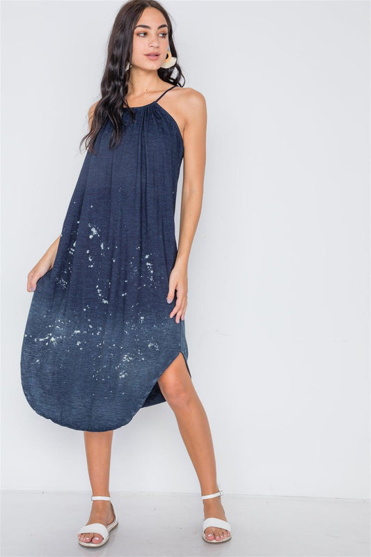 Navy Bleach Dye Loose Fit Cani Midi Dress /2-2-2