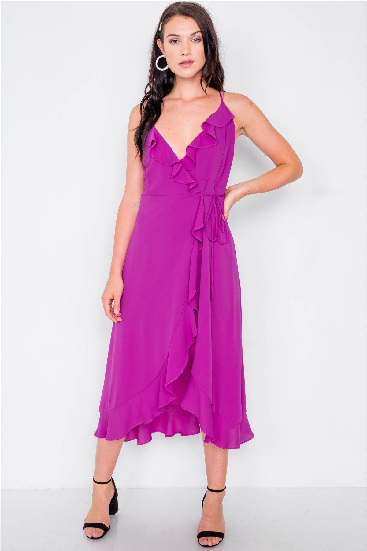 Magenta Flounce Cami Solid Midi Wrap Dress / 2-2-2