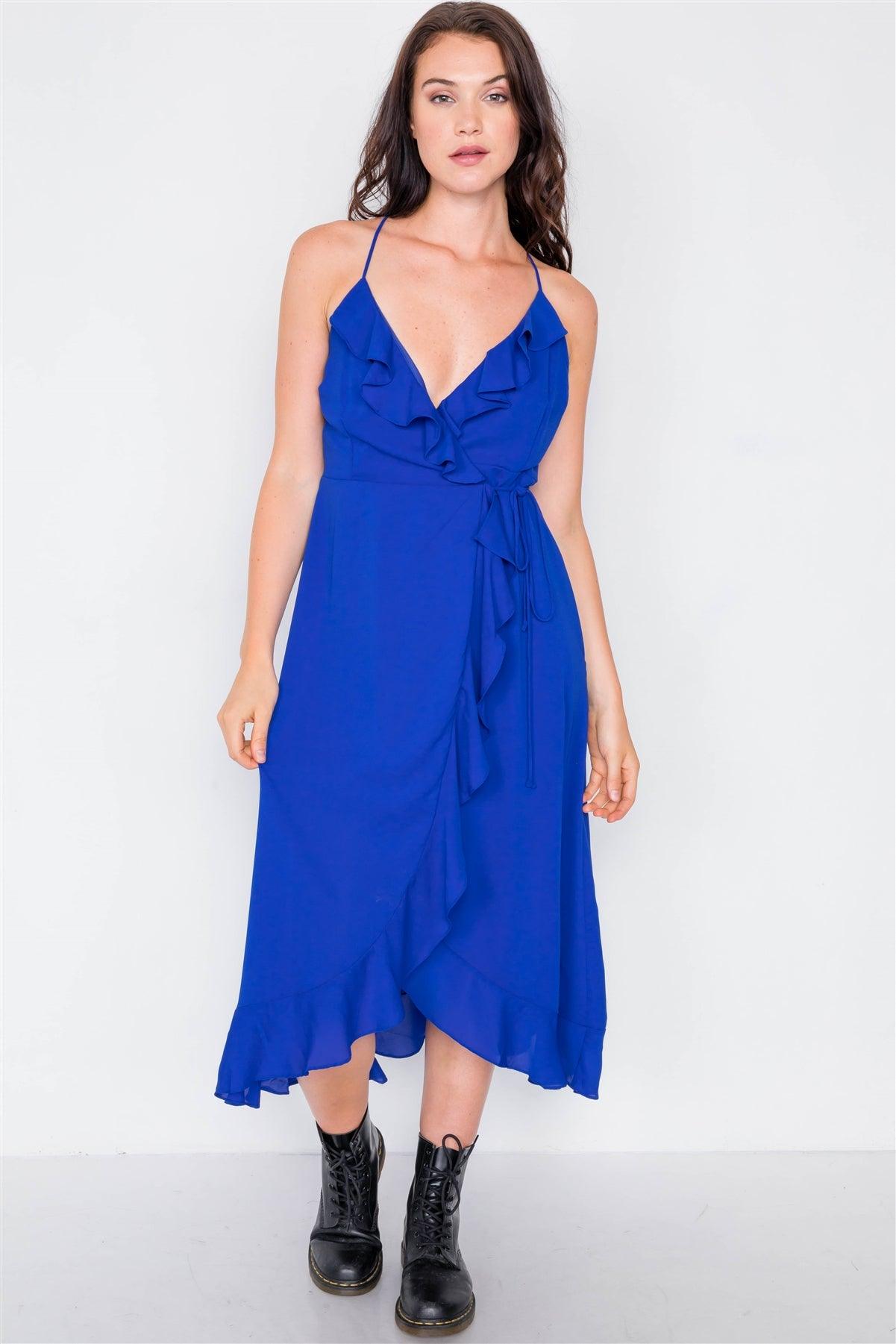 Royal Blue Flounce Cami Solid Midi Wrap Dress / 2-2-2