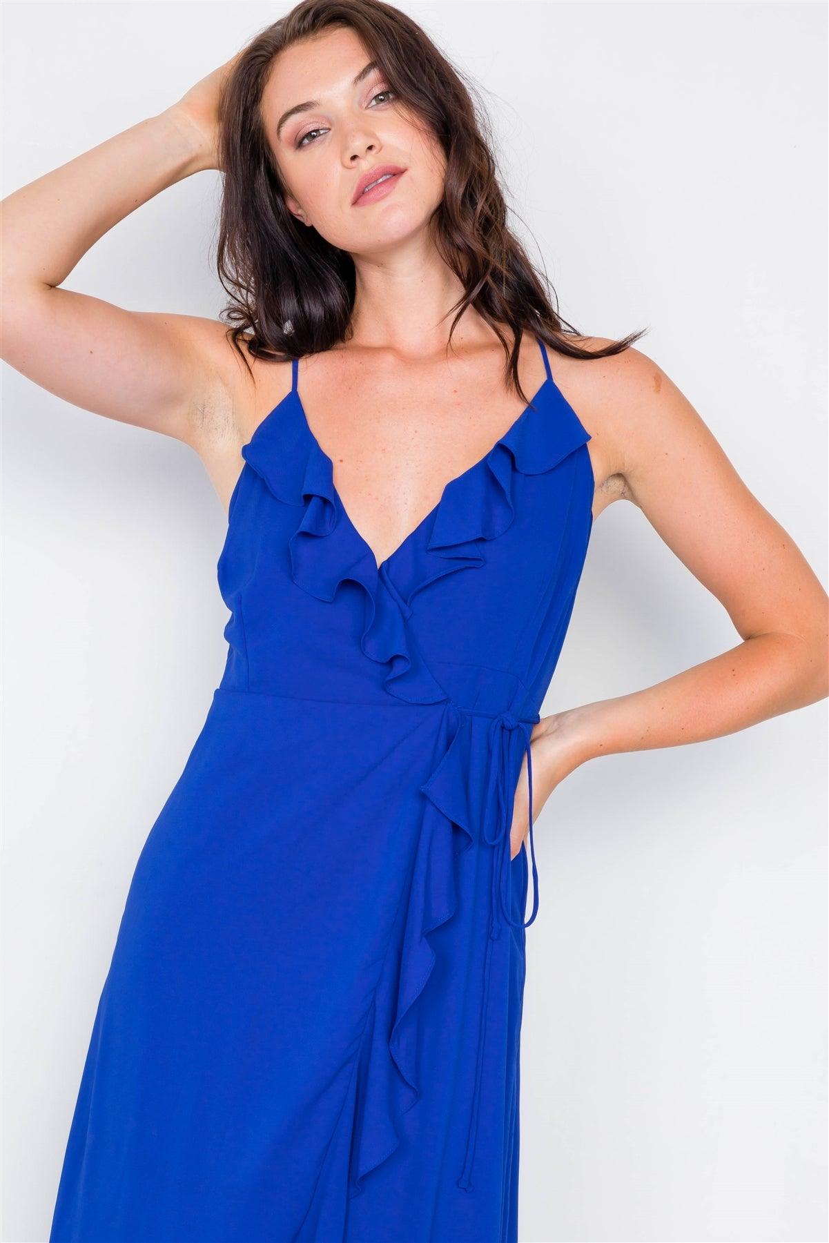 Royal Blue Flounce Cami Solid Midi Wrap Dress / 2-2-2