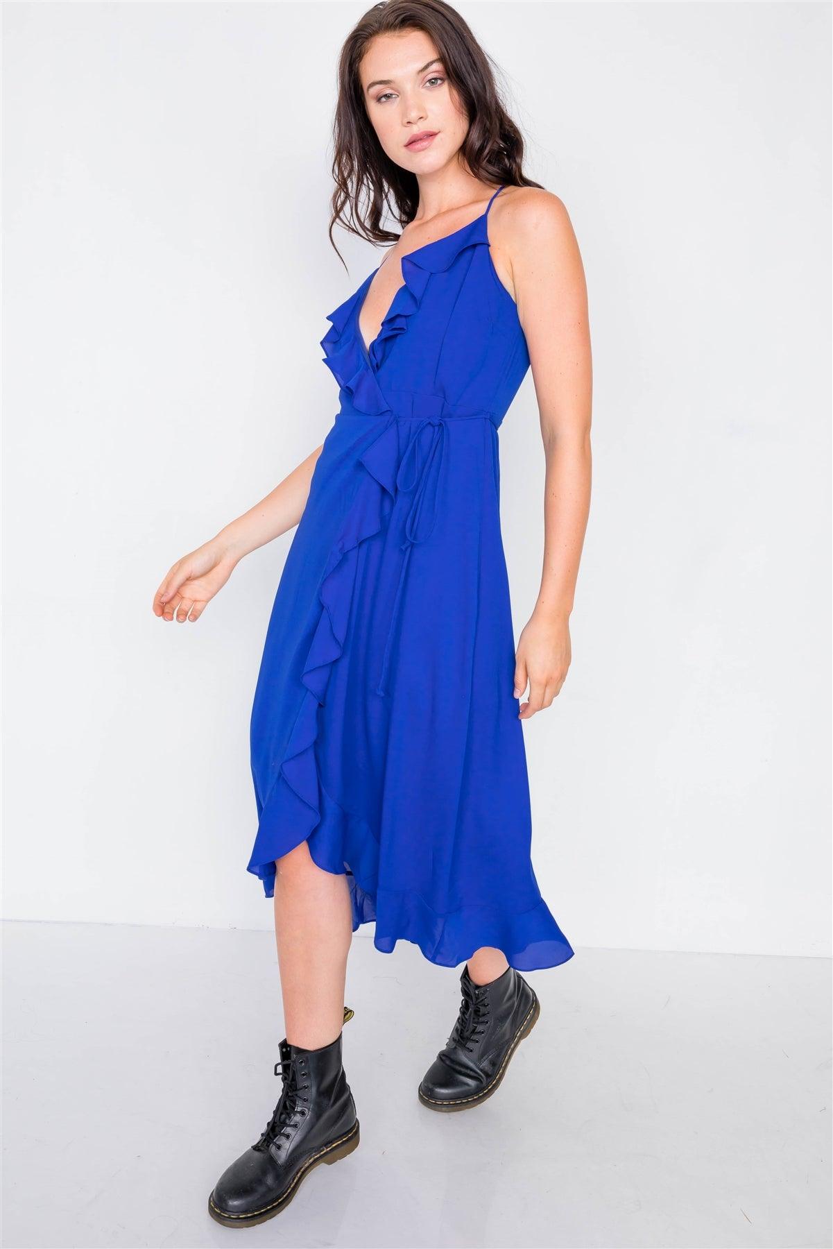 Royal Blue Flounce Cami Solid Midi Wrap Dress / 2-2-2