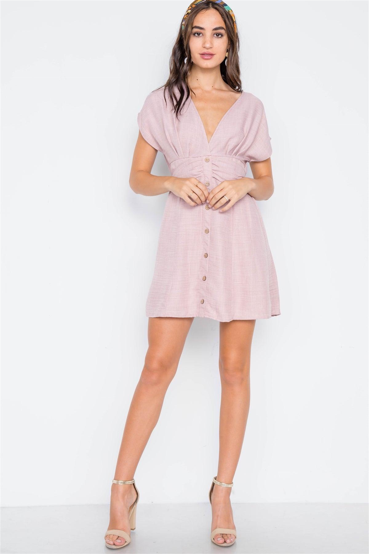 Light Mauve V-Neck Button-Front Mini Boho Dress /1-3-1