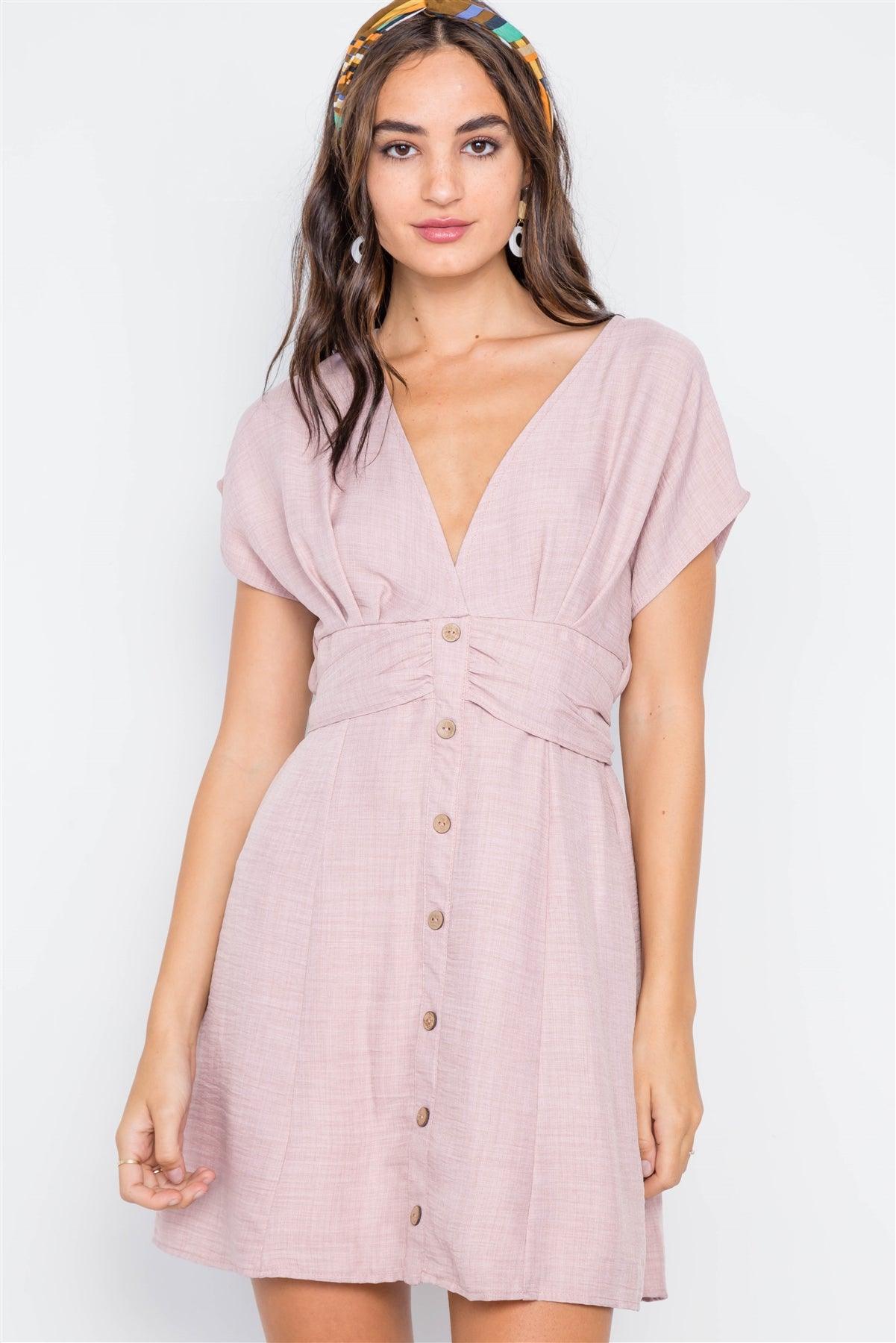 Light Mauve V-Neck Button-Front Mini Boho Dress /1-3-1