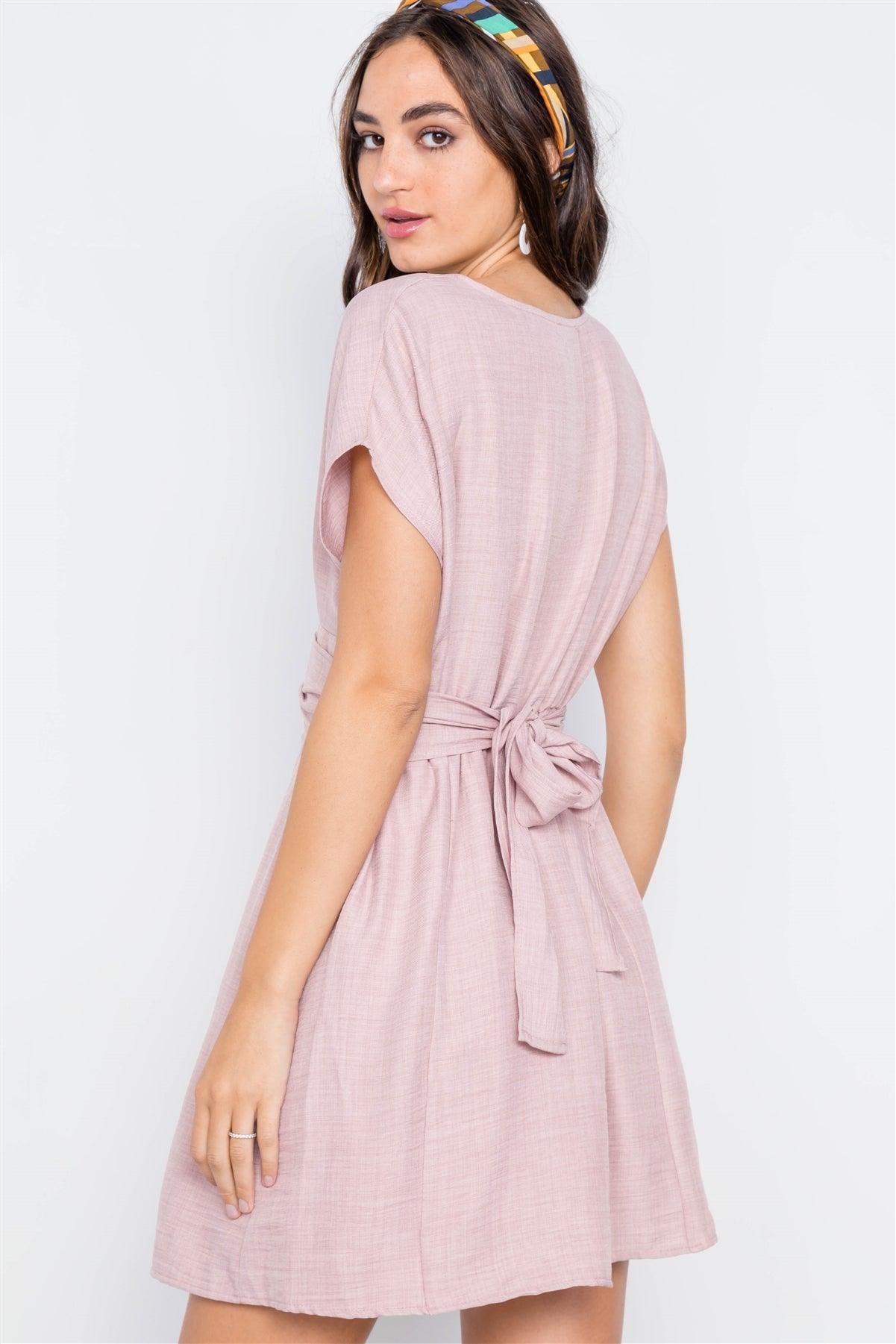 Light Mauve V-Neck Button-Front Mini Boho Dress /1-3-1