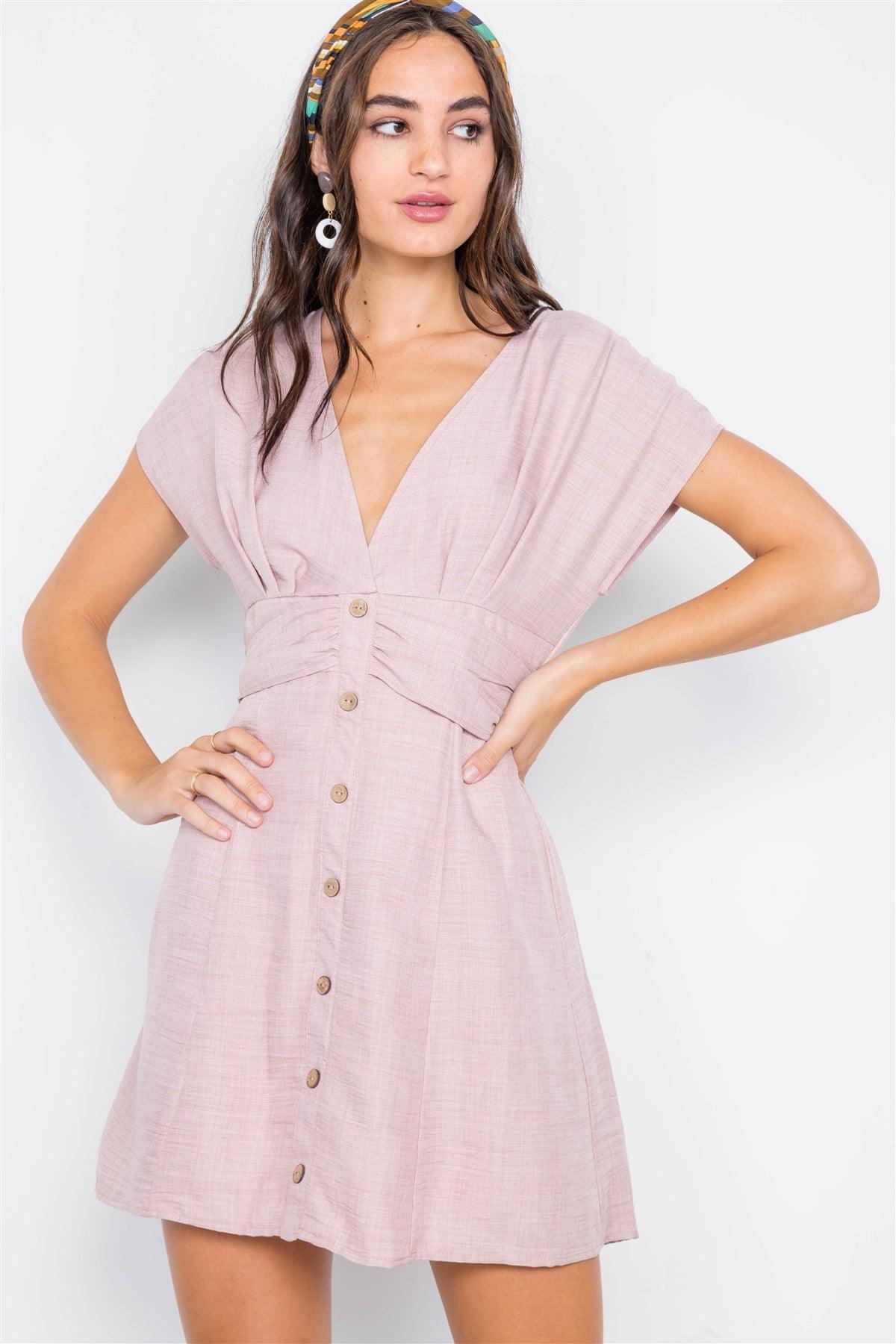 Light Mauve V-Neck Button-Front Mini Boho Dress /2-2-2