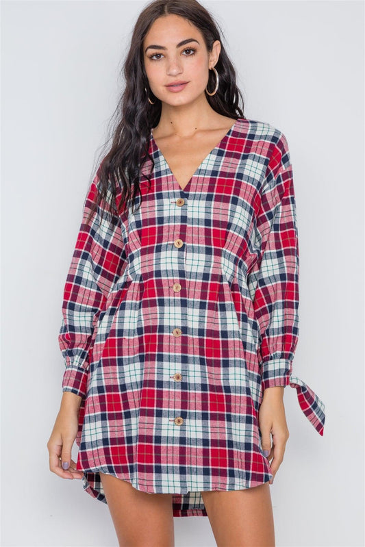 Burgundy Plaid Button Down Flannel Shirt Dress /2-2-2