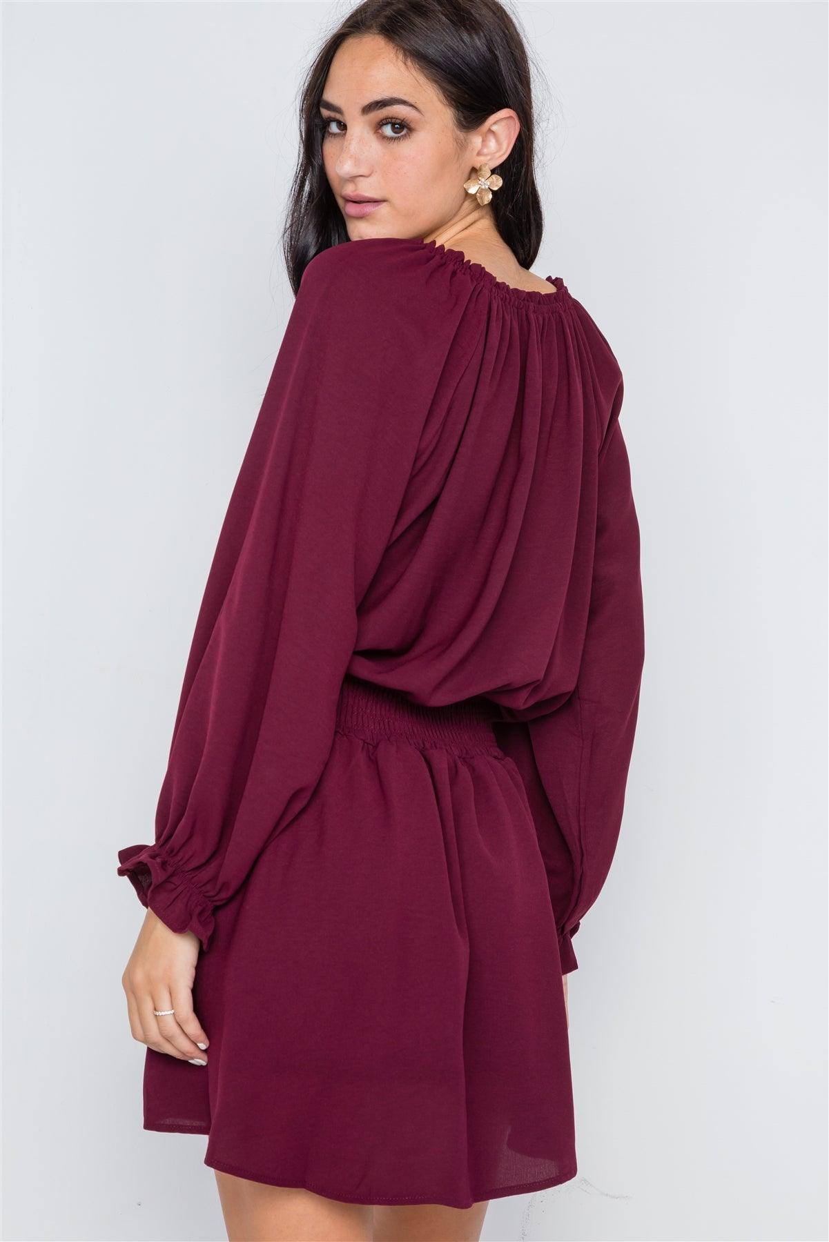 Burgundy Solid Tassel Long Sleeve Mini Dress /2-2-2