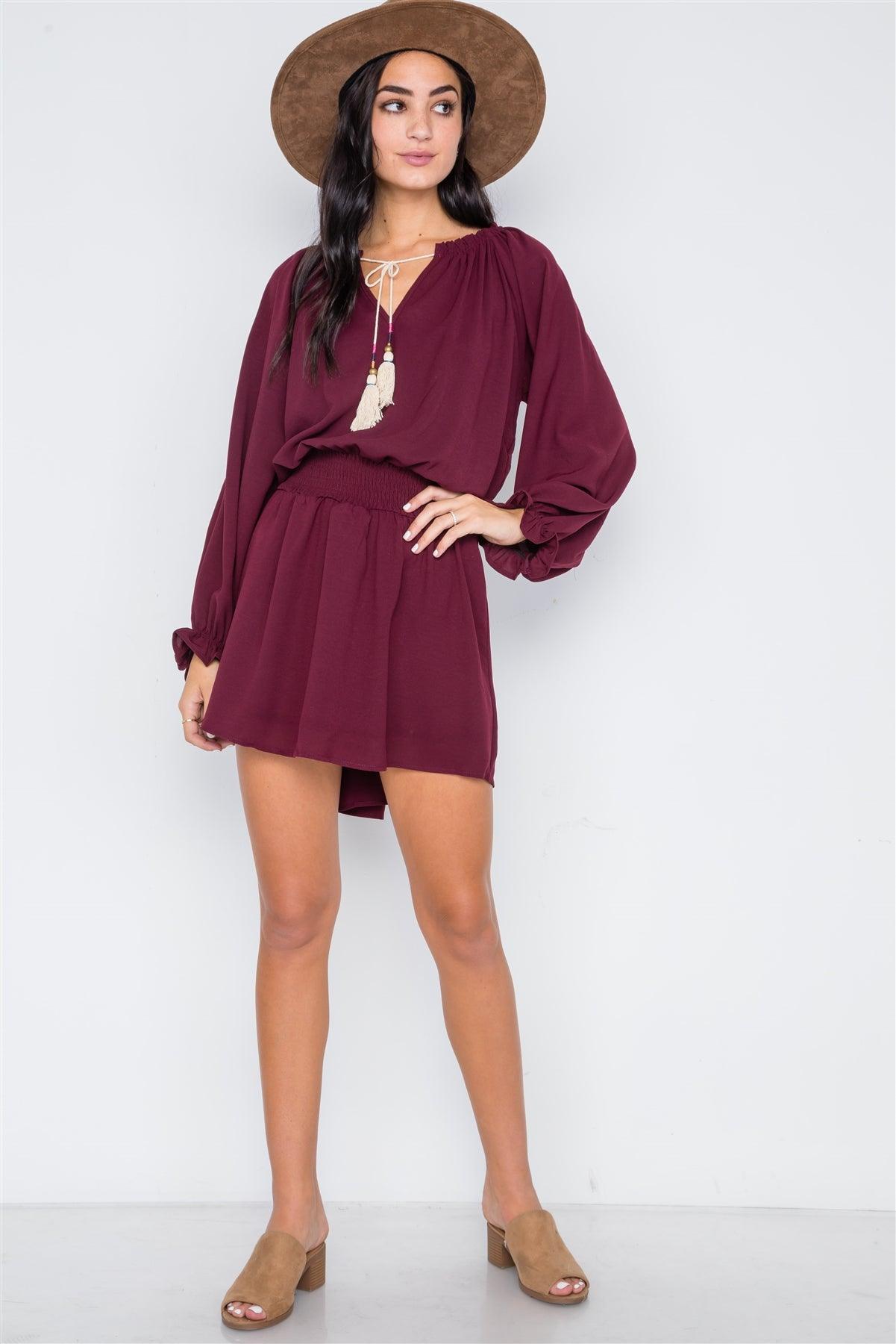 Burgundy Solid Tassel Long Sleeve Mini Dress /2-2-2