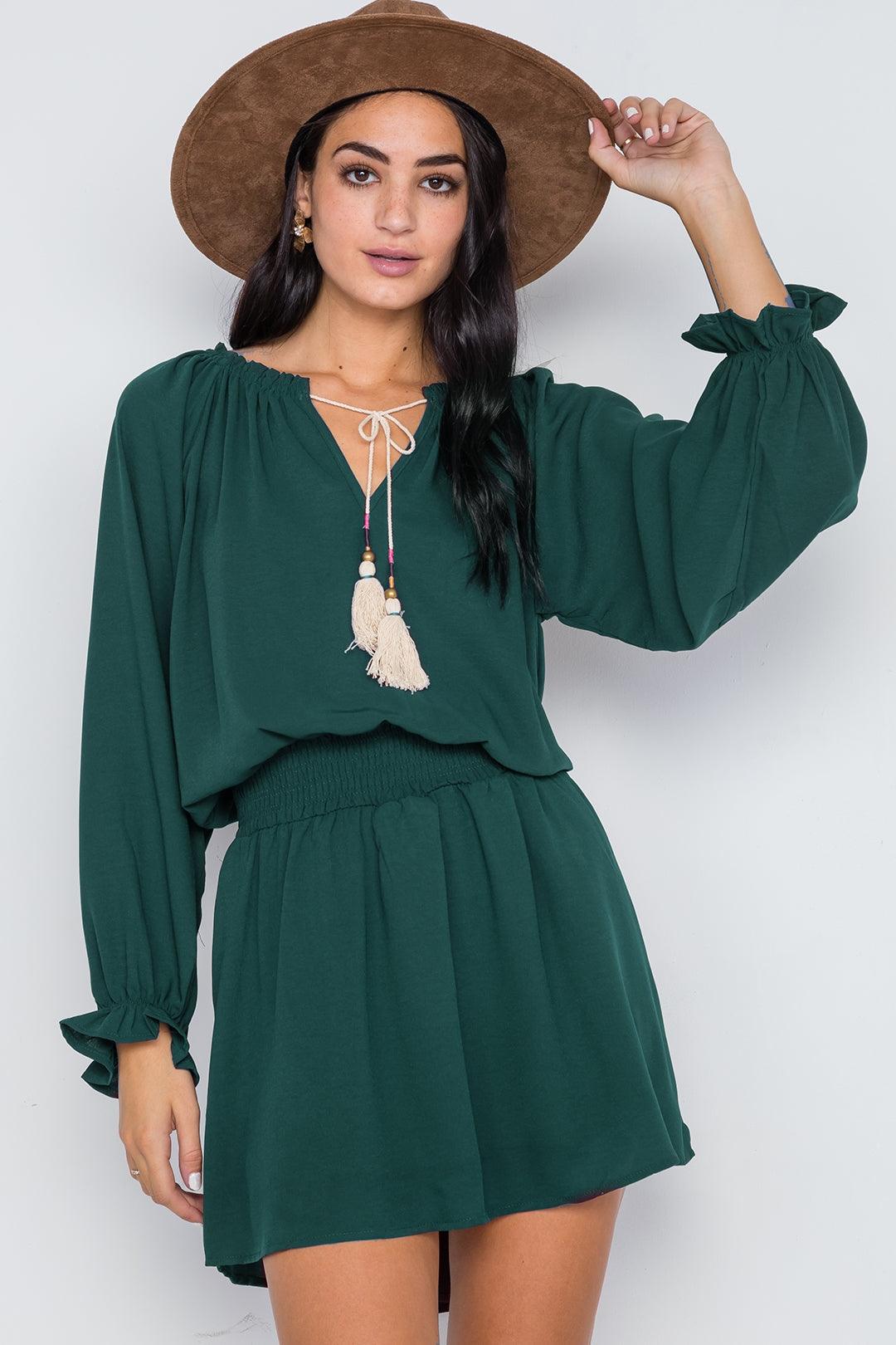 Hunter Green Solid Tassel Long Sleeve Mini Dress /2-2-2