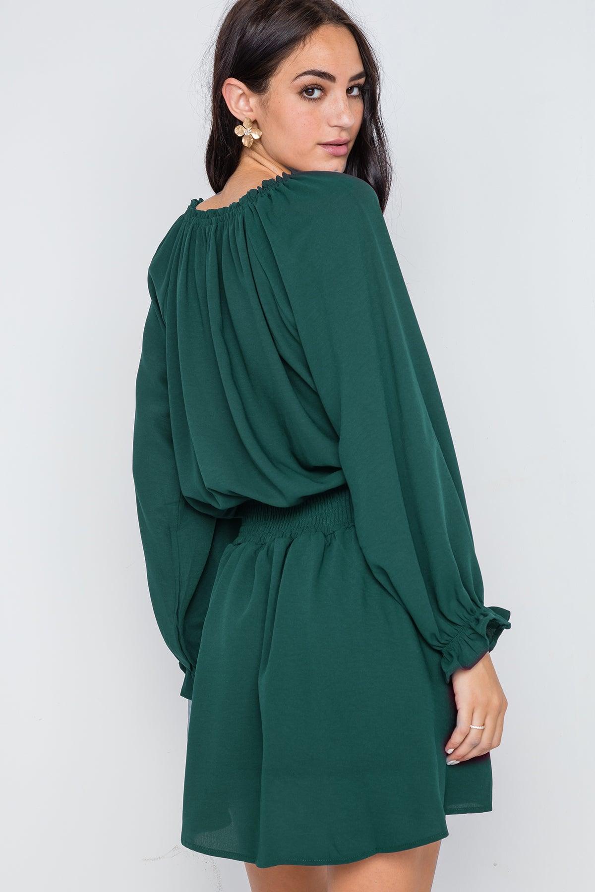 Hunter Green Solid Tassel Long Sleeve Mini Dress /2-2-2