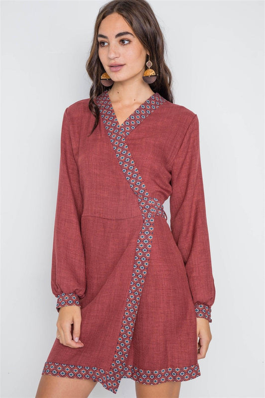 Rust Contrast Trim Long Sleeve Wrap Dress /2-2-2