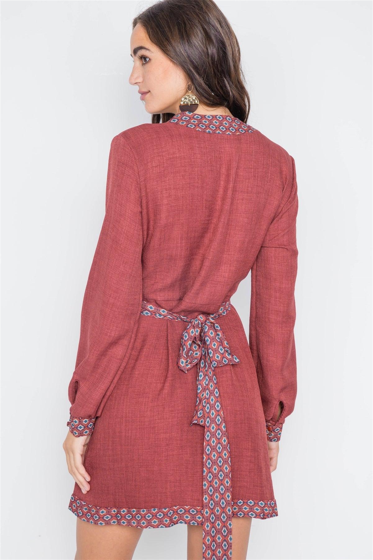 Rust Contrast Trim Long Sleeve Wrap Dress /2-2-2