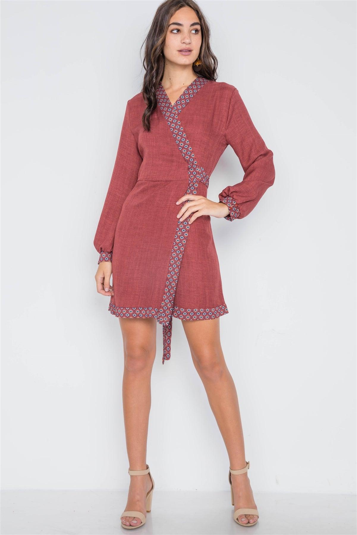 Rust Contrast Trim Long Sleeve Wrap Dress /2-2-2