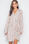 Apricot Stripe Front-Tie Long Sleeve Dress / 2-2-2