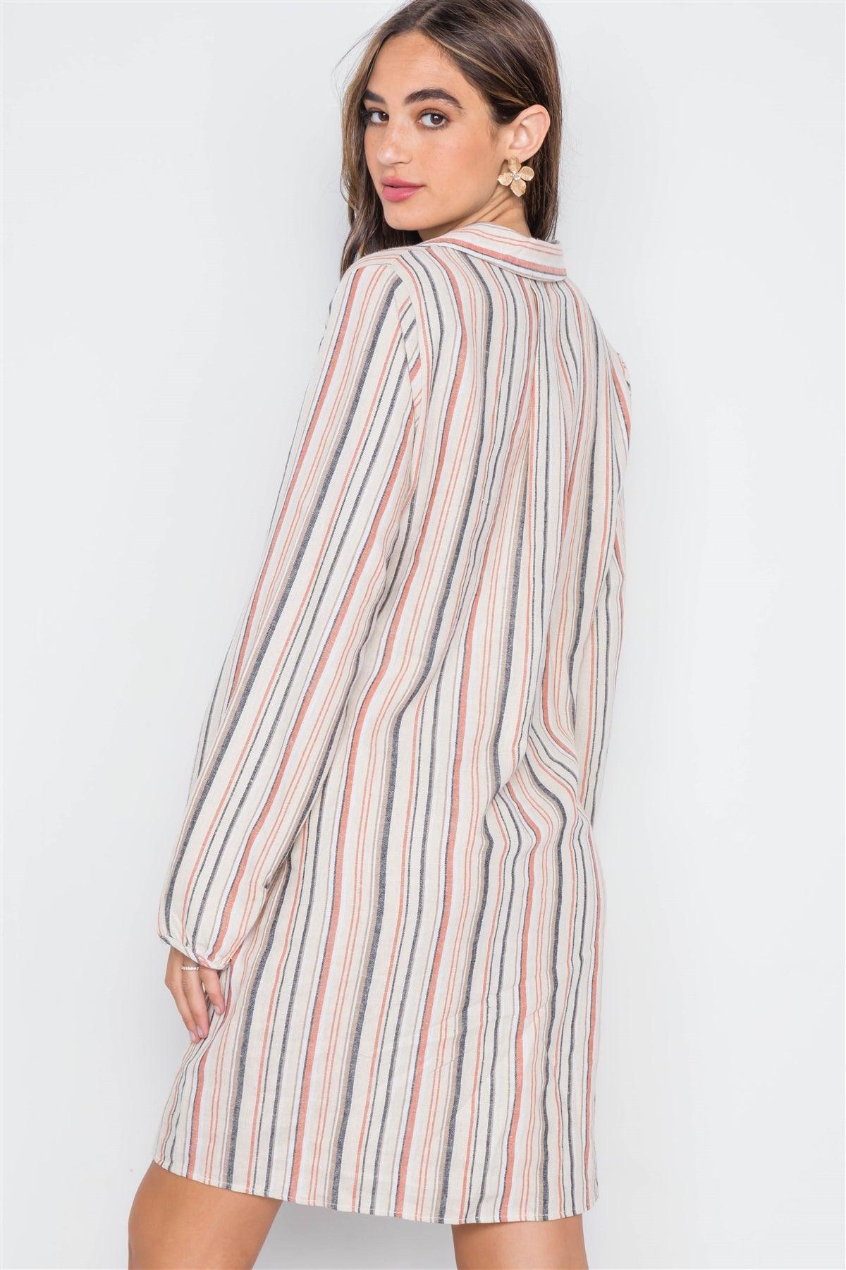 Apricot Stripe Front-Tie Long Sleeve Dress / 2-2-2