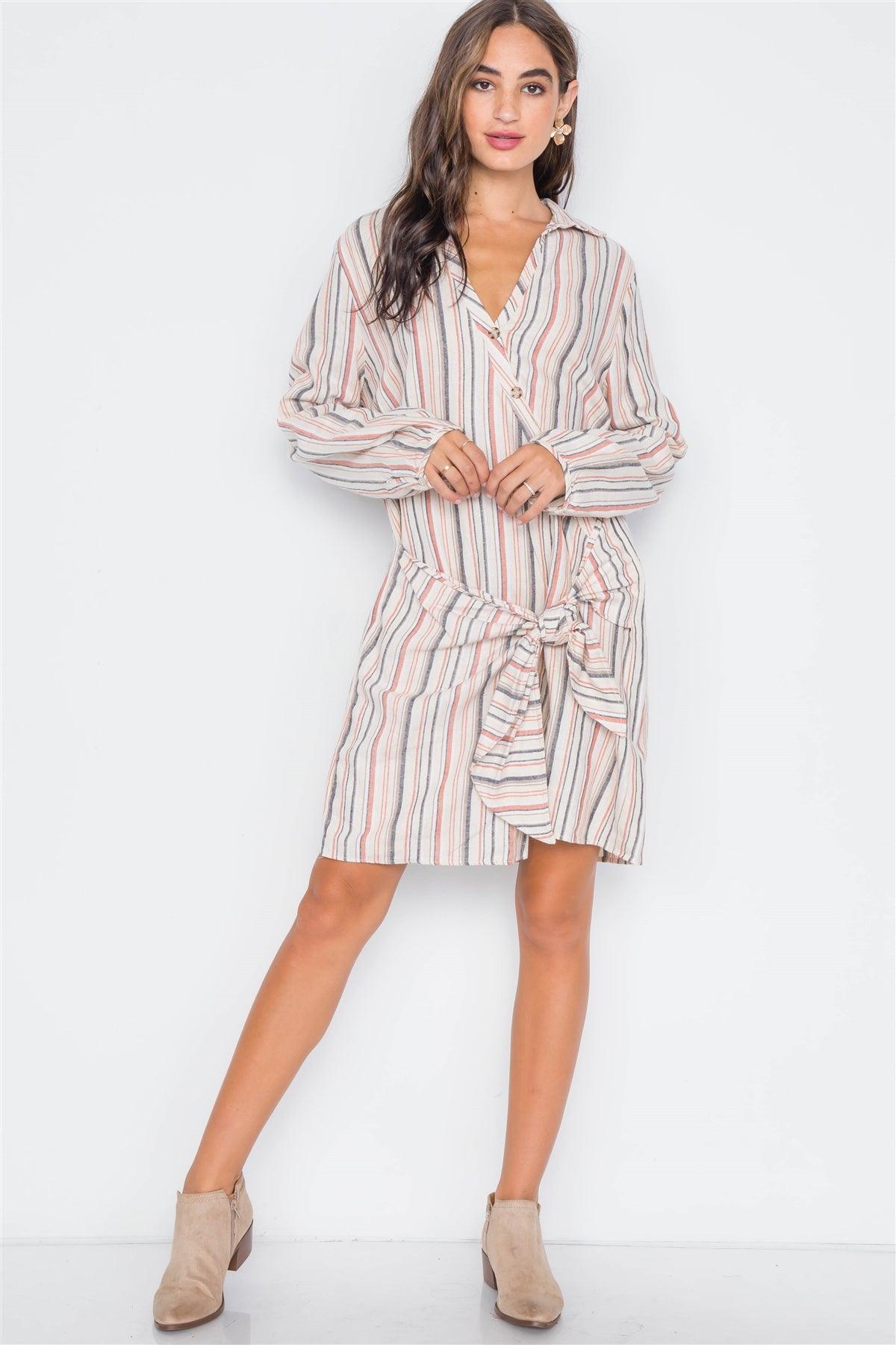 Apricot Stripe Front-Tie Long Sleeve Dress / 2-2-2