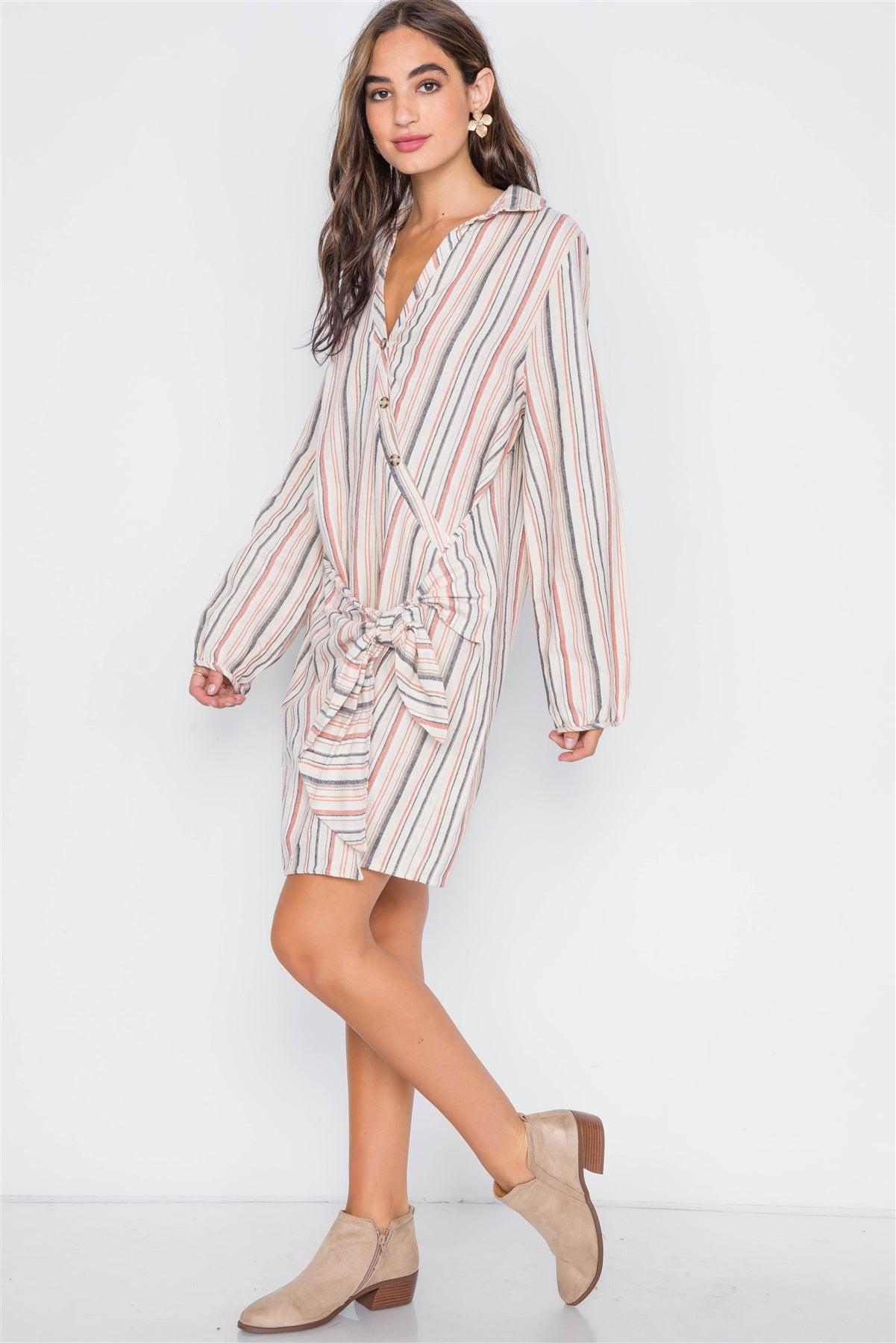 Apricot Stripe Front-Tie Long Sleeve Dress / 2-2-2