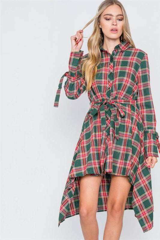 Green Plaid High Low Button Front Shirt Dress / 2-2-2