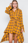 Yellow Plaid High Low Button Front Shirt Dress / 2-2-2