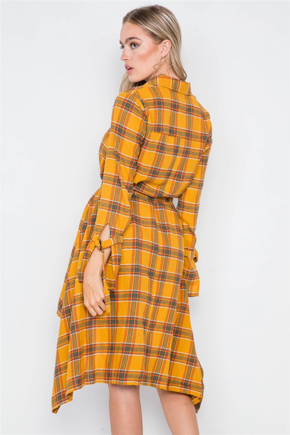 Yellow Plaid High Low Button Front Shirt Dress / 2-2-2