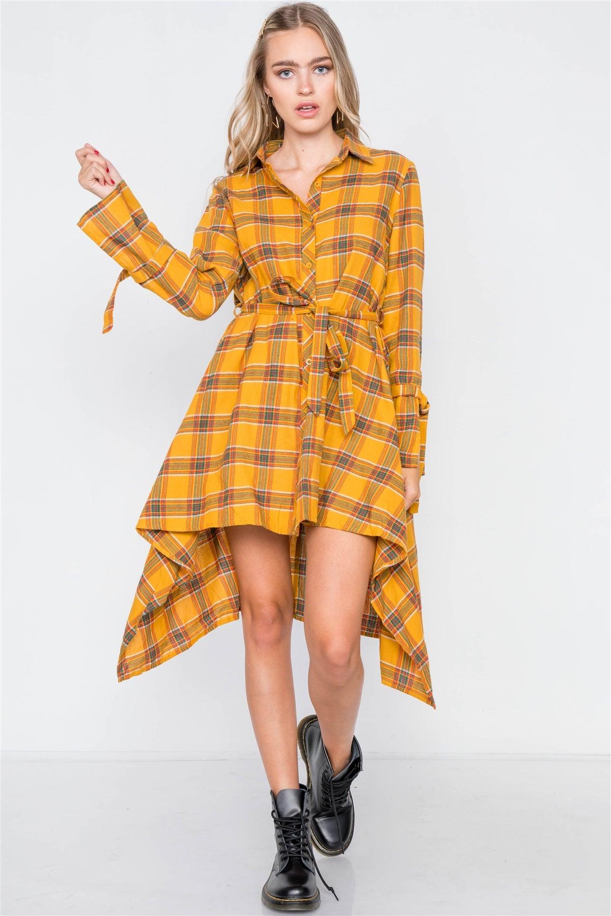 Yellow Plaid High Low Button Front Shirt Dress / 2-2-2