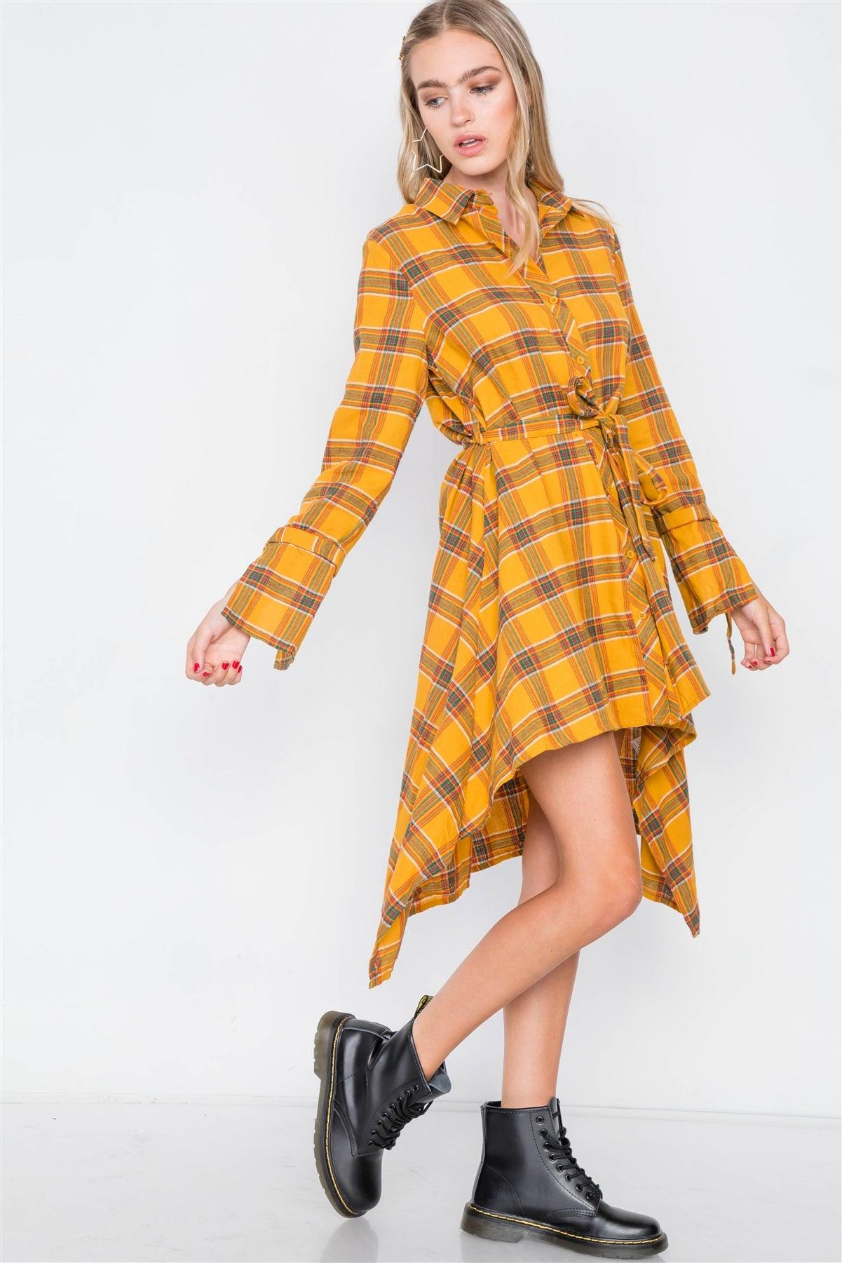 Yellow Plaid High Low Button Front Shirt Dress / 2-2-2