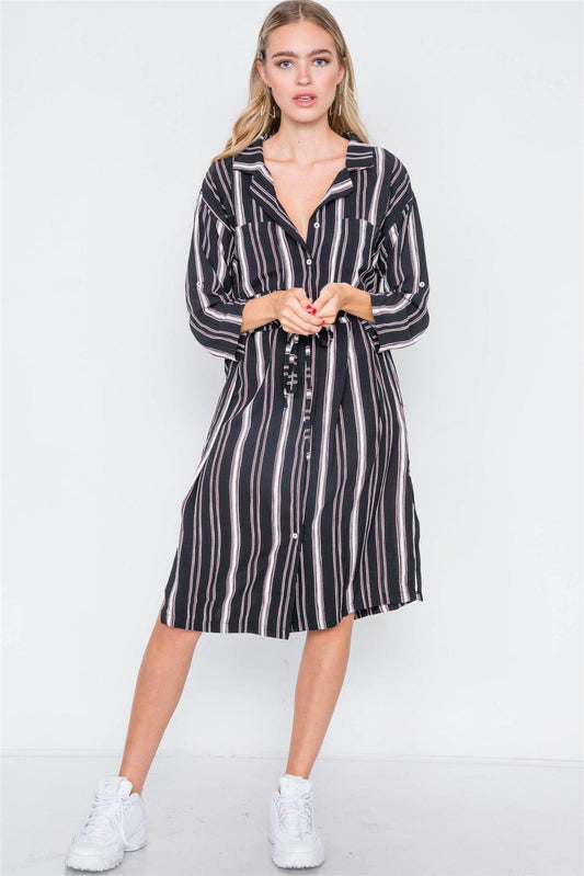 Black Stripe 3/4 Sleeve Button Down Shirt Dress / 2-2-2