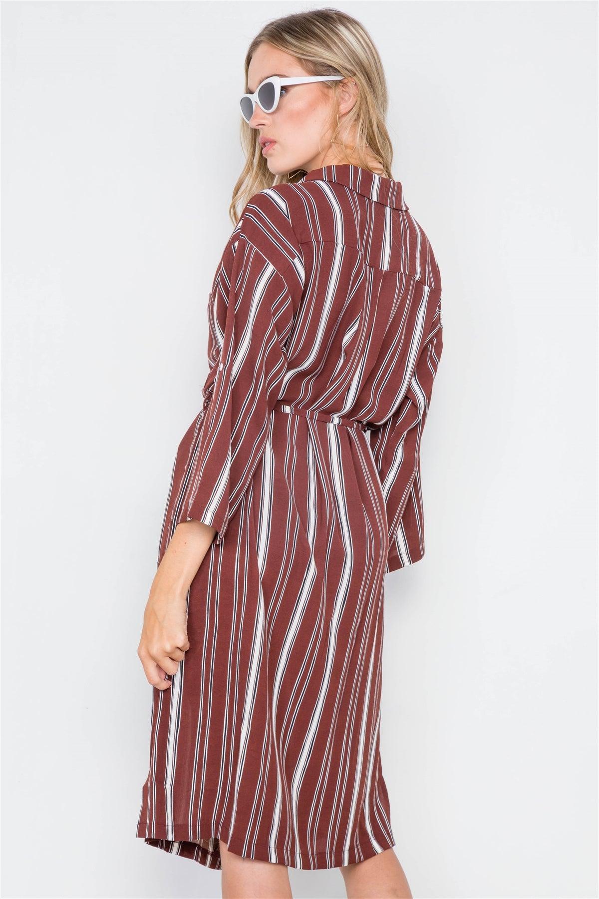 Brick Stripe 3/4 Sleeve Button Down Shirt Dress / 2-2-2