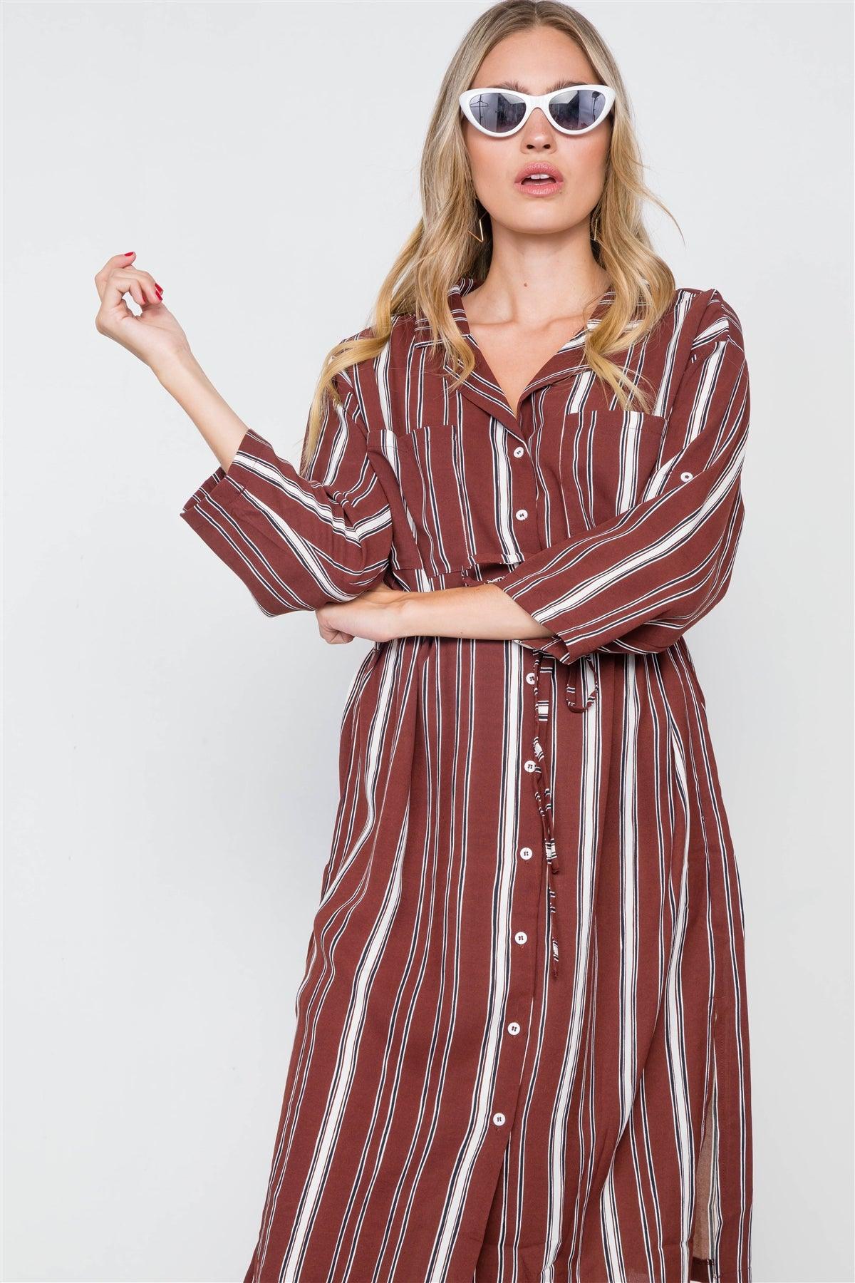 Brick Stripe 3/4 Sleeve Button Down Shirt Dress / 2-2-2