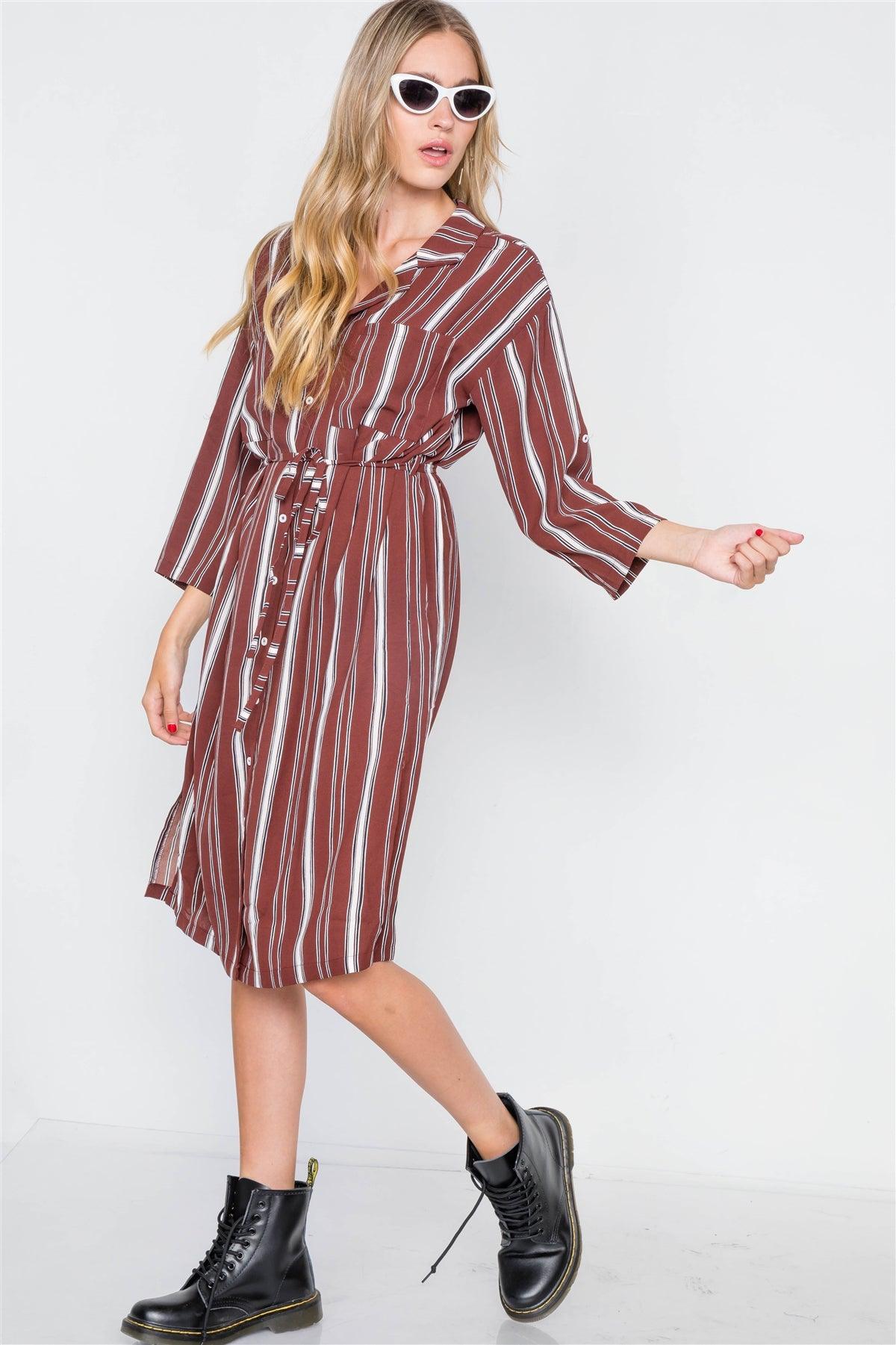 Brick Stripe 3/4 Sleeve Button Down Shirt Dress / 2-2-2