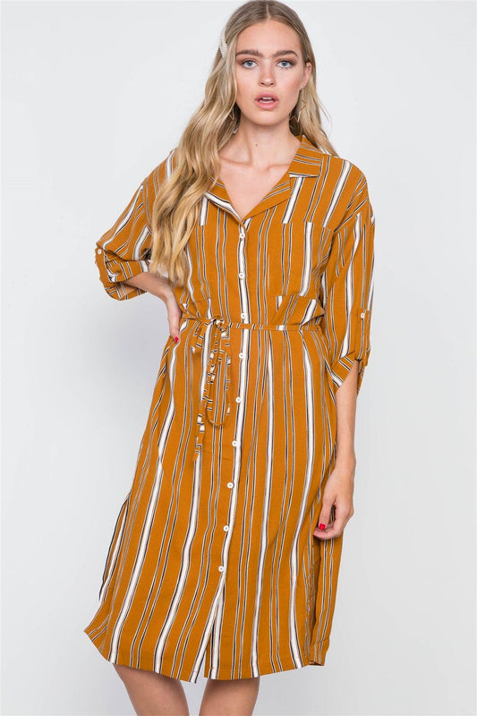 Mustard Stripe 3/4 Sleeve Button Down Shirt Dress / 2-2-2