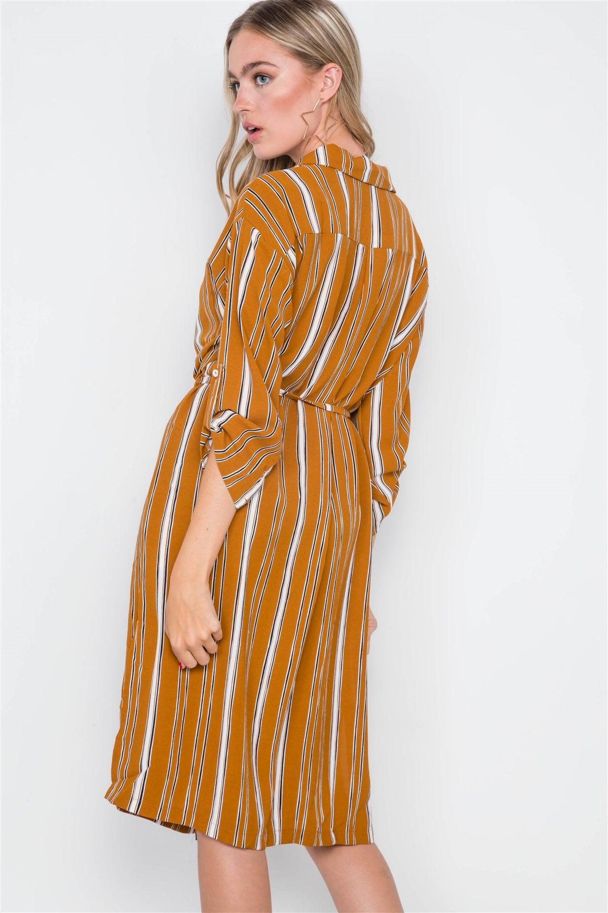 Mustard Stripe 3/4 Sleeve Button Down Shirt Dress / 2-2-2