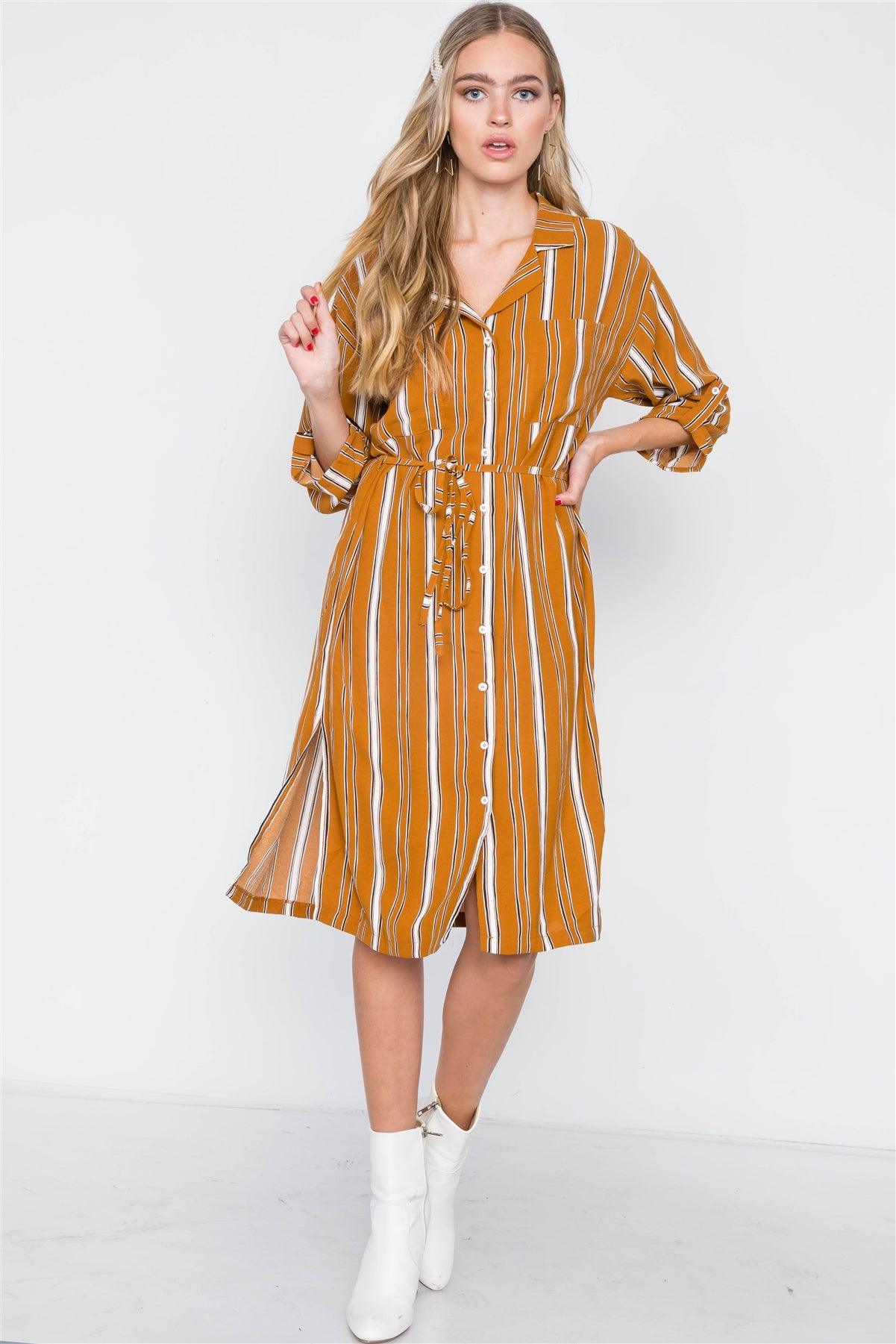 Mustard Stripe 3/4 Sleeve Button Down Shirt Dress / 2-2-2