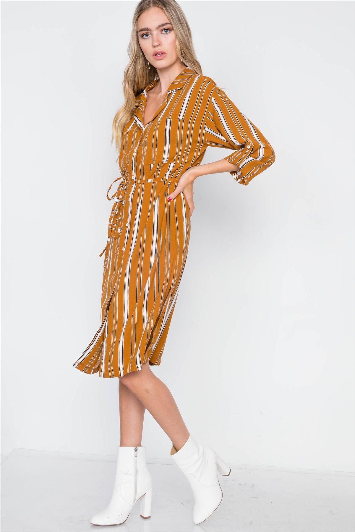 Mustard Stripe 3/4 Sleeve Button Down Shirt Dress / 2-2-2