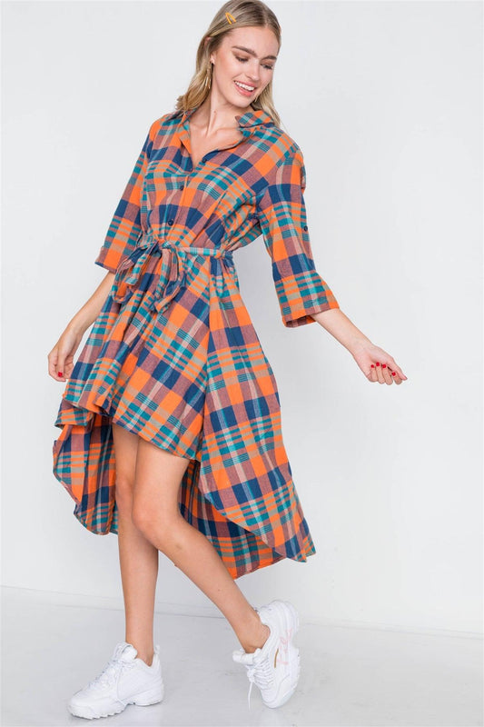 Rust Plaid High Low Button Front Shirt Dress / 2-2-2