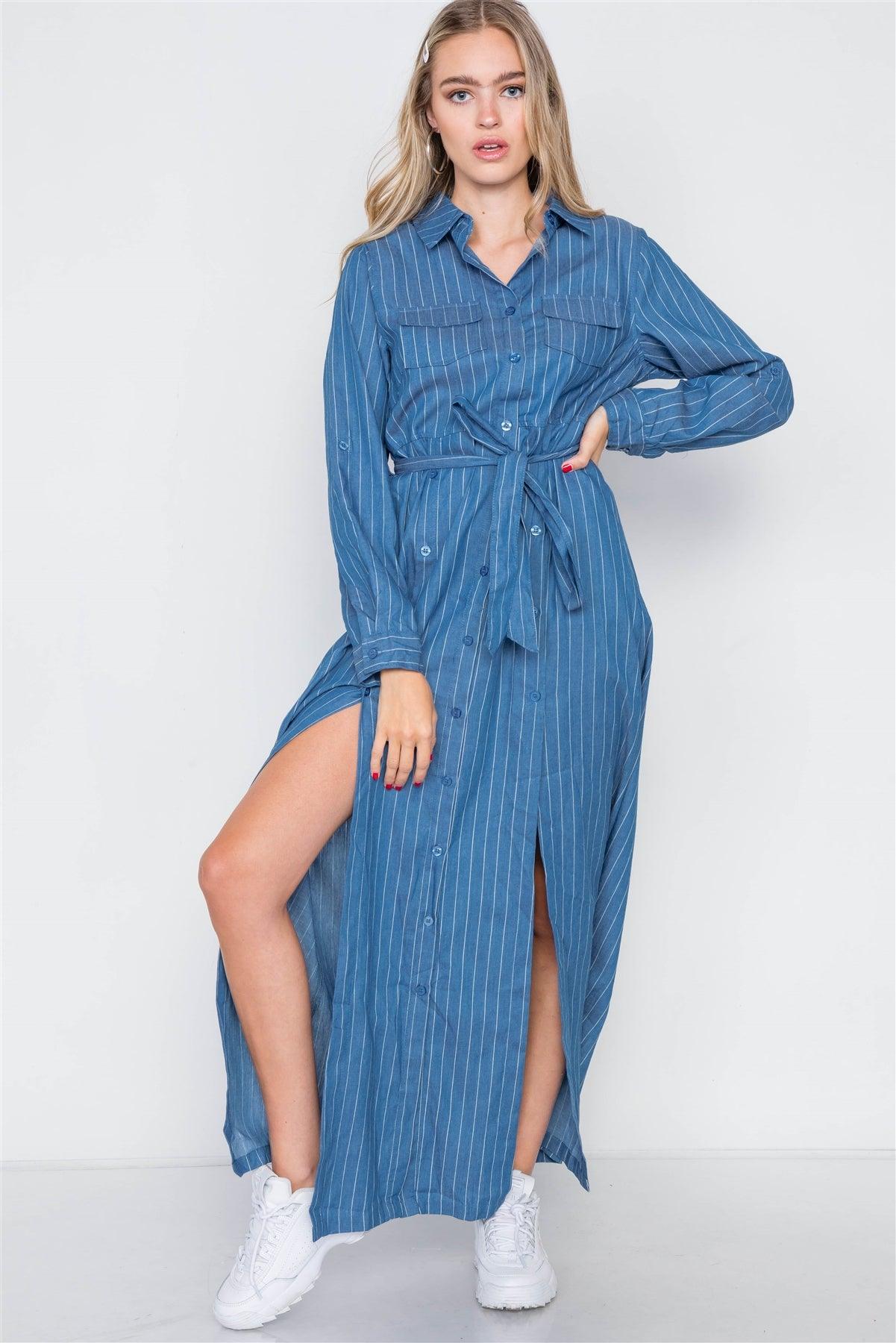 Denim Blue Stripe M-Slit Button Maxi Shirt Dress /2-2-2