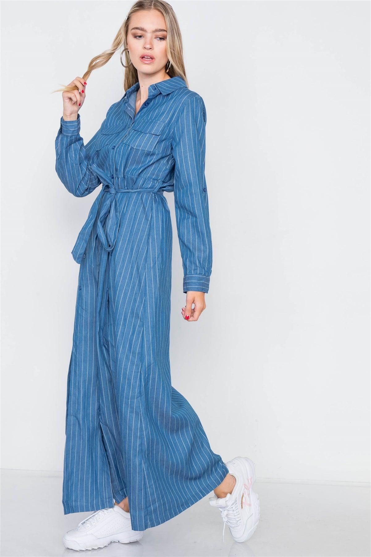 Denim Blue Stripe M-Slit Button Maxi Shirt Dress /2-2-2